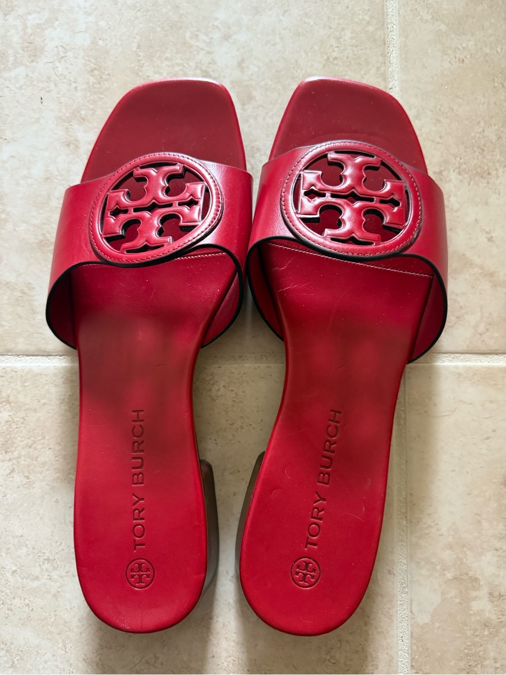 Tory Burch Red Leather Logo Slide Sandals - Size 10M